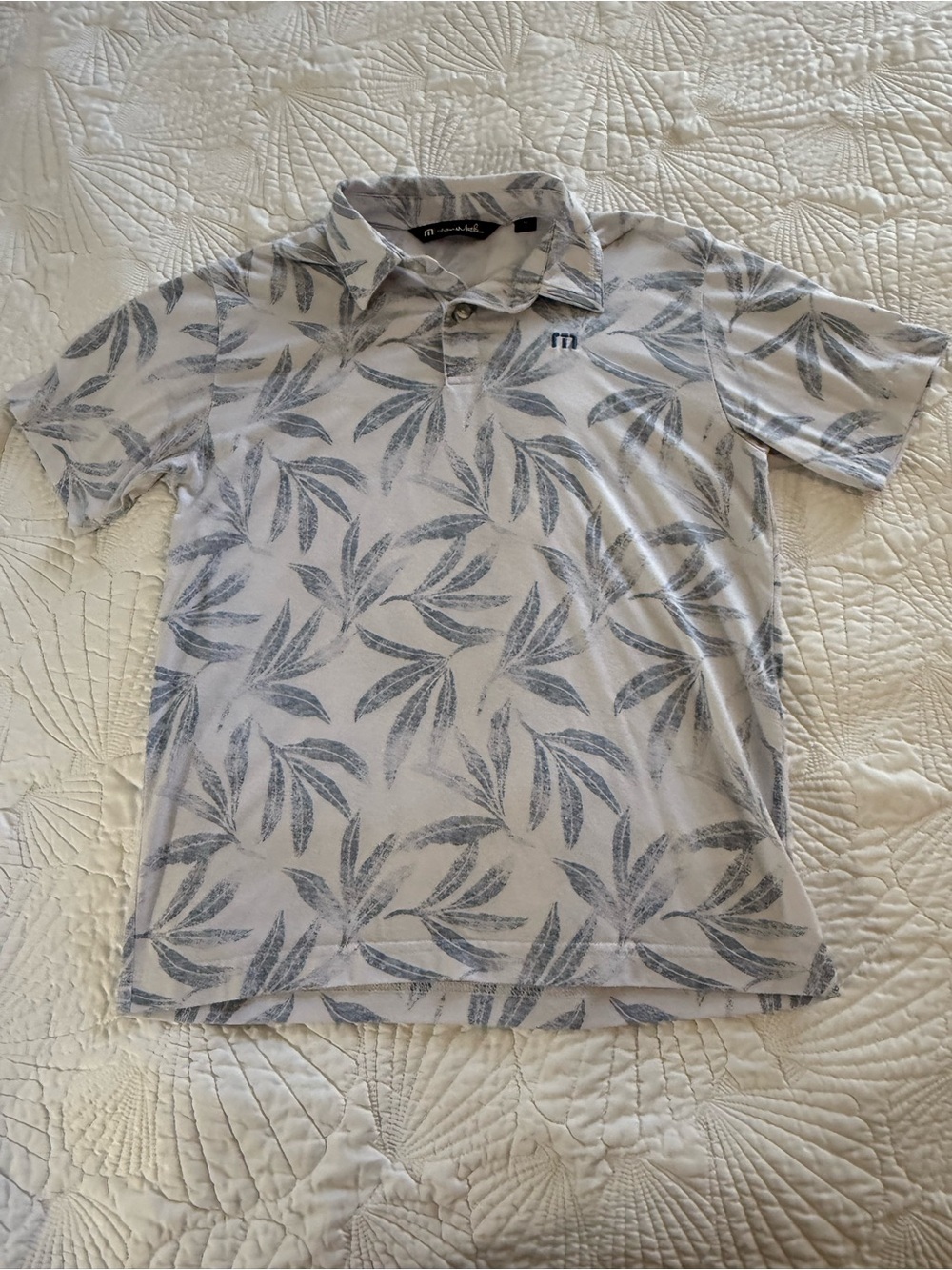 Travis Mathew White Polo with Blue Leaf Print